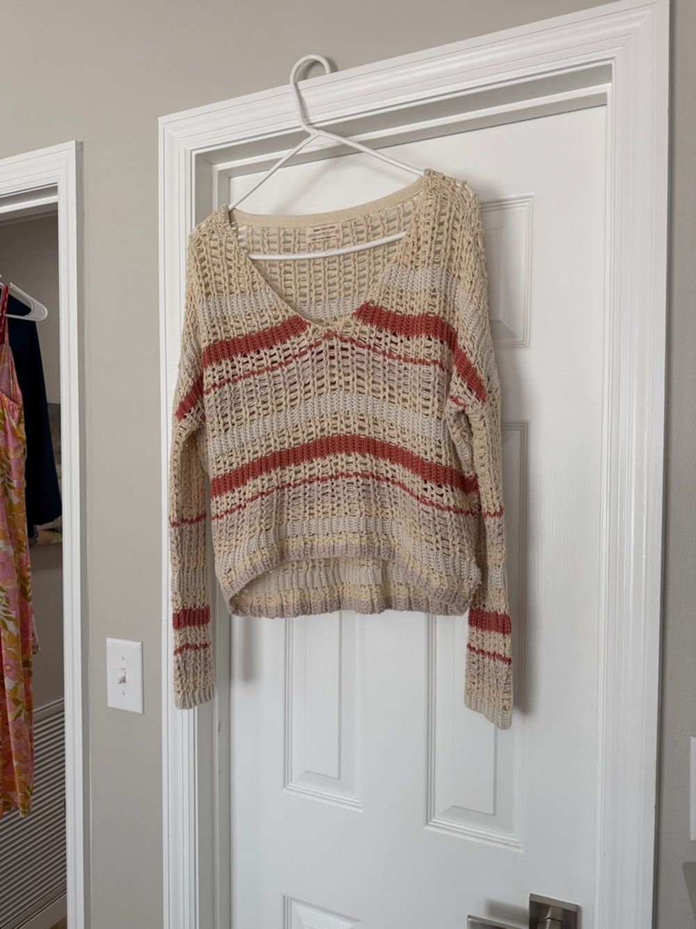 Urban Outfitters Beige & Rust Striped Open-Knit V-Neck Sweater